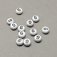 White and Black Acrylic Horizontal Hole Letter Beads, Flat Round with Letter.G, 7x4mm, Hole: 1.3mm(X-SACR-Q101-01G)