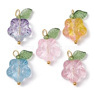 Transparent Glass Flower & Acrylic Leaf Pendants, with Brass Loops, Mixed Color, Golden, 19.5x12.5x5mm, Hole: 1.5mm(PALLOY-JF02287-02)