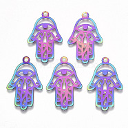 Ion Plating(IP) 201 Stainless Steel Pendants, Etched Metal Embellishments, Hamsa Hand/Hand of Fatima/Hand of Miriam with Eye, Rainbow Color, 30x19x0.3mm, Hole: 2mm(X-STAS-R114-030)