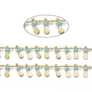 Handmade Glass Beaded Chains, with Real 18K Gold Plated Brass Side Twisted Chains Curb Chains, with Spool, Long-Lasting Plated, Soldered, Aqua, 2.5x2x1mm, teardrop,: 10x3x3mm, about 32.8 Feet(10m)/roll(CHC-E020-01A)