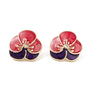 Flower Enamel Stud Earrings, Brass Jewelry for Women, Light Gold, Red, 21x22mm, Pin: 0.7mm(EJEW-F277-04LG)