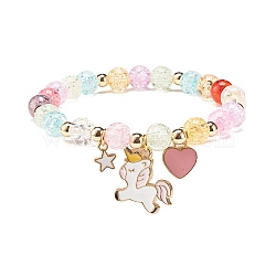 Candy Color Round Beaded Stretch Bracelet with Heart Unicorn Charm for Women, Colorful, Inner Diameter: 2 inch(5cm)(BJEW-JB07636-04)