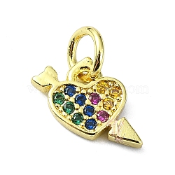 Brass Micro Pave Colorful Cubic Zirconia Pendants, with Jump Ring, One Arrow Through the Heart Charm, Real 18K Gold Plated, 8.5x11x1.5mm, Hole: 3mm(KK-H475-14G-08)