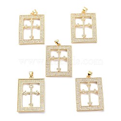 Brass Micro Pave Clear Cubic Zirconia Pendants, Long-Lasting Plated, Rectangle with Cross, Real 18K Gold Plated, 34x24.5x2mm, Hole: 4x3.5mm(KK-D004-07G)
