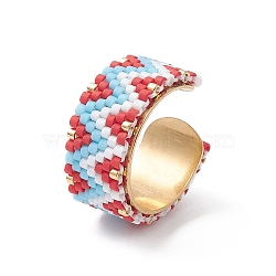 Glass Seed Beaded Wave Open Cuff Rings, Golden Stainless Steel Jewelry, Camellia, Inner Diameter: 17mm(RJEW-MZ00008)