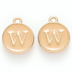 Golden Plated Alloy Enamel Charms, Cadmium Free & Lead Free, Enamelled Sequins, Flat Round with Letter, Wheat, Letter.W, 14x12x2mm, Hole: 1.5mm(X-ENAM-S118-06W)
