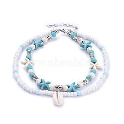 Cowrie Shell Anklets, with Turquoise Beads and Glass Seed Beads, Tibetan Style Alloy Beads, Zinc Alloy Lobster Claw Clasps, Turquoise, 9-1/2 inch(24cm)(X-AJEW-AN00244)