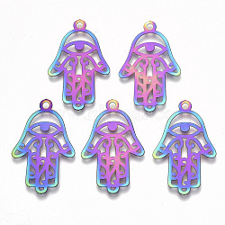 Ion Plating(IP) 201 Stainless Steel Pendants, Etched Metal Embellishments, Hamsa Hand/Hand of Fatima/Hand of Miriam with Eye, Rainbow Color, 30x19x0.3mm, Hole: 2mm(X-STAS-R114-030)