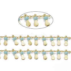 Handmade Glass Beaded Chains, with Real 18K Gold Plated Brass Side Twisted Chains Curb Chains, with Spool, Long-Lasting Plated, Soldered, Aqua, 2.5x2x1mm, teardrop,: 10x3x3mm, about 32.8 Feet(10m)/roll(CHC-E020-01A)