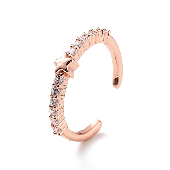 Star Rack Plating Brass Micro Pave Clear Cubic Zirconia Open Rings, Long-Lasting Plated Cuff Ring for Women, Lead Free & Cadmium Free, Rose Gold, Inner Diameter: 15.3mm