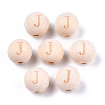 Unfinished Natural Wood European Beads, Large Hole Beads, Laser Engraved Pattern, Round with Word, Letter.J, 15~16x14~15mm, Hole: 4mm