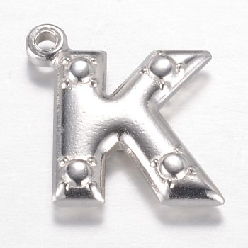 201 Stainless Steel Charms, Letter K, Stainless Steel Color, 15x15.2x3.2mm, Hole: 1.2mm