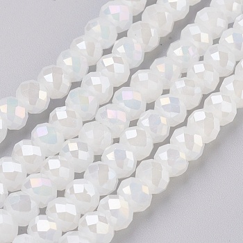 Electroplate Glass Beads Strands, Imitation Jade Glass, AB color Plated, Faceted, Rondelle, White, 6x4~5mm, Hole: 0.8~1mm, about 88~92pcs/strand, 15.5 inch~16 inch(39~45cm)