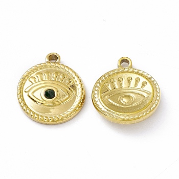 Vacuum Plating 201 Stainless Steel Pendants, with Rhinestone, Real 18K Gold Plated, Flat Round with Eye Charms, Jet, 18x15.5x3.4mm, Hole: 1.8mm