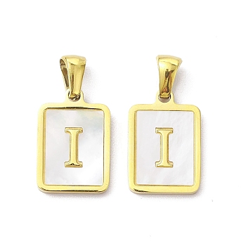 Ion Plating(IP) 304 Stainless Steel Pave Shell Pendants, Rectangle Charm, Real 18K Gold Plated, Letter I, 17.5x12x1.5mm, Hole: 3x5mm