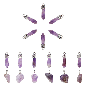 30Pcs 2 Style Natural Amethyst & Agate Pendants, with Platinum Tone Brass Findings, Bullet & Nuggets, 33x8mm, Hole: 3mm