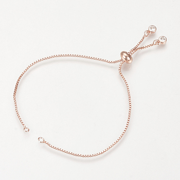 Brass Slider Bracelets Making, with Cubic Zirconia, Box Chains, Long-Lasting Plated, Rose Gold, Single Chain Length: about 11.5~12cm