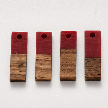Resin & Walnut Wood Pendants, Rectangle, FireBrick, 20x6.5x3mm, Hole: 1.8mm