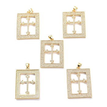 Brass Micro Pave Clear Cubic Zirconia Pendants, Long-Lasting Plated, Rectangle with Cross, Real 18K Gold Plated, 34x24.5x2mm, Hole: 4x3.5mm