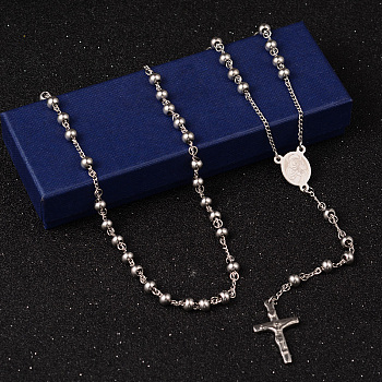 201 Stainless Steel Rosary Bead Necklaces, with Crucifix Cross Pendant, For Easter, Stainless Steel Color, 27.6 inch(70cm)