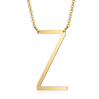 201 Stainless Steel Initial Pendants Necklaces, with Cable Chains, Letter, Letter.Z, 17.3~18.3 inch(44~46.5cm)x1.5mm, LetterZ: 37x19.5x1mm