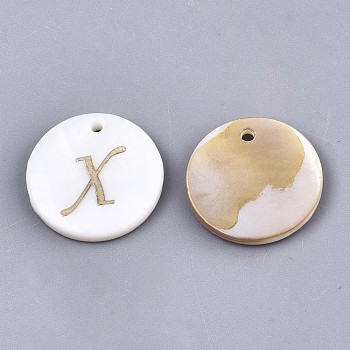 Natural Freshwater Shell Pendants, with Golden Plated Brass Etched Metal Embellishments, Flat Round with Letter, Letter.X, 15x2mm, Hole: 1.2mm