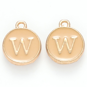 Golden Plated Alloy Enamel Charms, Cadmium Free & Lead Free, Enamelled Sequins, Flat Round with Letter, Wheat, Letter.W, 14x12x2mm, Hole: 1.5mm