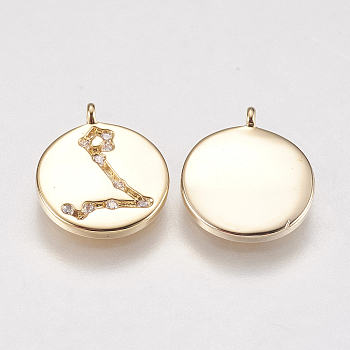 Brass Pendants, with Cubic Zirconia, Real 18K Gold Plated, Twelve Constellations, Pisces, 13x11x2.5mm, Hole: 1mm