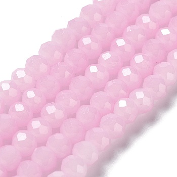 Baking Painted Imitation Jade Glass Bead Strands, Faceted Rondelle, Pearl Pink, 10x8mm, Hole: 1mm, about 63~65pcs/strand, 18.90''(48~50cm)