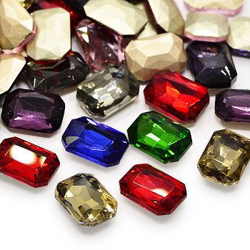 Faceted Rectangle Glass Pointed Back Rhinestone Cabochons, Back Plated, Rectangle Octagon, Mixed Color, 14x10x4mm, about 18pcs/bag