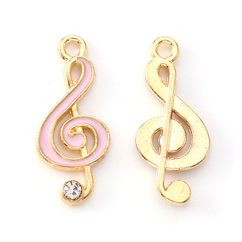 Alloy Enamel Pendants, with Crystal Rhinestone, Musical Note, Light Gold, Pink, 22x10x2mm, Hole: 1.6mm