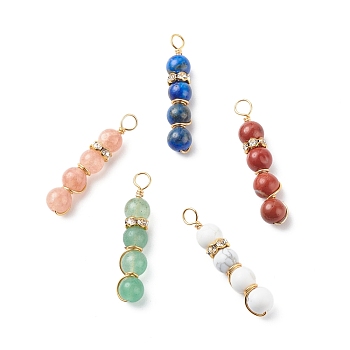 Natural Mixed Gemstone Pendants, with Golden Tone Copper Wire Wrapped and Brass Crystal Rhinestone Spacer Beads, Round Charm, Mixed Dyed and Undyed, 32x6.5mm, Hole: 3mm