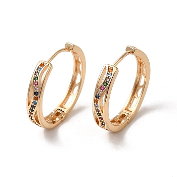 Brass Micro Pave Colorful Cubic Zirconia Hoop Earrings, Hollow Arch, Light Gold, 25x26.5x4.5mm