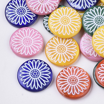 Spray Paint Freshwater Shell Beads, Printed, Flat Round with Daisy Flower, Mixed Color, 20x4mm, Hole: 0.8mm