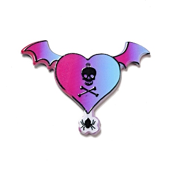Halloween Printed Acrylic Pendants, Heart with Skull & Bat Charm, 34x45x2.5mm, Hole: 1.6mm
