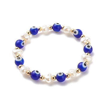 Lampwork Evil Eye & Plastic Pearl & Brass Stretch Bracelet for Women, Blue, Inner Diameter: 2-1/8 inch(5.5cm)