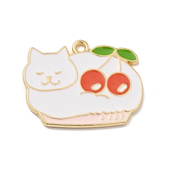 Cartoon Alloy Enamel Pendants, Cat with Cherry Charms, Light Gold, White, 23x28.5x1.5mm, Hole: 1.8mm