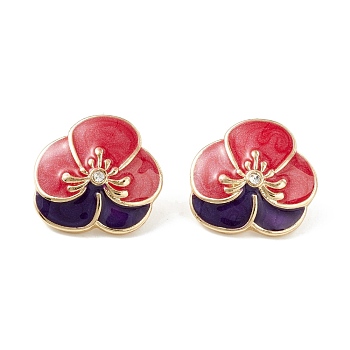 Flower Enamel Stud Earrings, Brass Jewelry for Women, Light Gold, Red, 21x22mm, Pin: 0.7mm