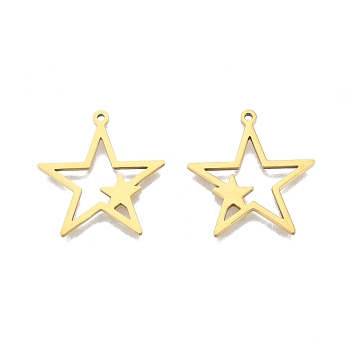 Ion Plating(IP) 201 Stainless Steel Pendants, Star, Real 18K Gold Plated, 26x25x1.5mm, Hole: 1.4mm
