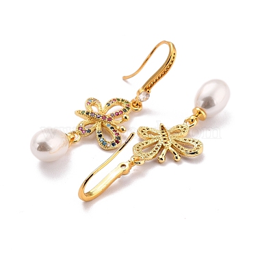Butterfly with Imitation Pearl Beads Sparkling Cubic Zirconia Dangle Earrings for Her(ZIRC-C025-31G)-2