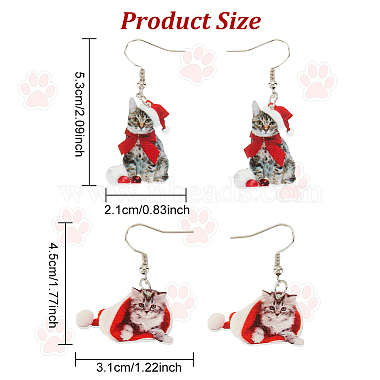 ANATTASOUL 2 Pairs 2 Style Christmas Hat with Cat Acrylic Dangle Earrings(EJEW-AN0002-37)-2