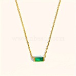 Birthstone Style Brass Cubic Zirconia Rectangle Pendant Necklaces for Women, Golden, Green, 15.75 inch(40cm)(FS-WGDF12C-05)
