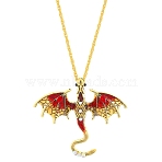 Alloy Enamel Dragon Pendant Necklaces, with Rhinestone, Iron Chain, Antique Golden, FireBrick, 24.41 inch(62cm)(NJEW-V005-01AG-01)
