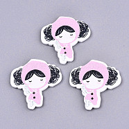 Printed Wood Buttons, Dyed, 2-Hole, Girl, Pearl Pink, 41x39x2.5mm, Hole: 1.6mm(WOOD-N008-017A)
