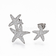 Brass Micro Pave Clear Cubic Zirconia Stud Earrings, Asymmetrical Earrings, with Ear Nuts, Nickel Free, Sea Star/Starfish, Real Platinum Plated, 11x10.5mm & 20.5x12mm, Pin: 0.7mm(EJEW-R144-006P-NF)