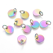 Ion Plating(IP) 304 Stainless Steel Charms, Stamping Blank Tag, with Jump Rings, Flat Round, Rainbow Color, 8x0.7mm, Hole: 3.5mm(STAS-I124-01C-M)