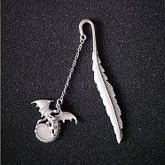 Luminous Alloy Bookmarks, Glow in the Dark Feather Bookmarks, Dragon Pendant Book Marker, with Cable Chains, Antique Silver, 115mm(OFST-PW0002-016AS)