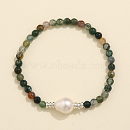 Natural Moss Agate & Freshwater Pearl Bead Stretch Bracelets for Women, 7-1/8 inch(18cm)(EC3110-5)