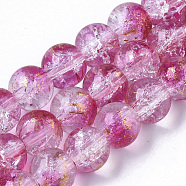 Transparent Spray Painted Crackle Glass Bead Strands, with Golden Foil, Round, Camellia, 8~9mm, Hole: 1.2~1.5mm, about 46~56pcs/Strand, 14.37 inch~16.3 inch(36.5~41.4cm)(GLAA-N035-03C-A04)