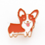 Rack Plating Alloy Enamel Brooches, Enamel Pins, with Brass Butterfly Clutches, Dog, Cadmium Free & Nickel Free & Lead Free, Light Gold, Orange Red, 25x24.5mm, Pin: 1mm(JEWB-S011-172-NR)
